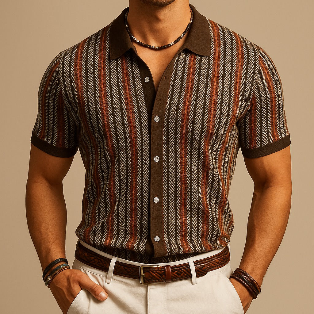Striped Knit Polo Shirt - Brown