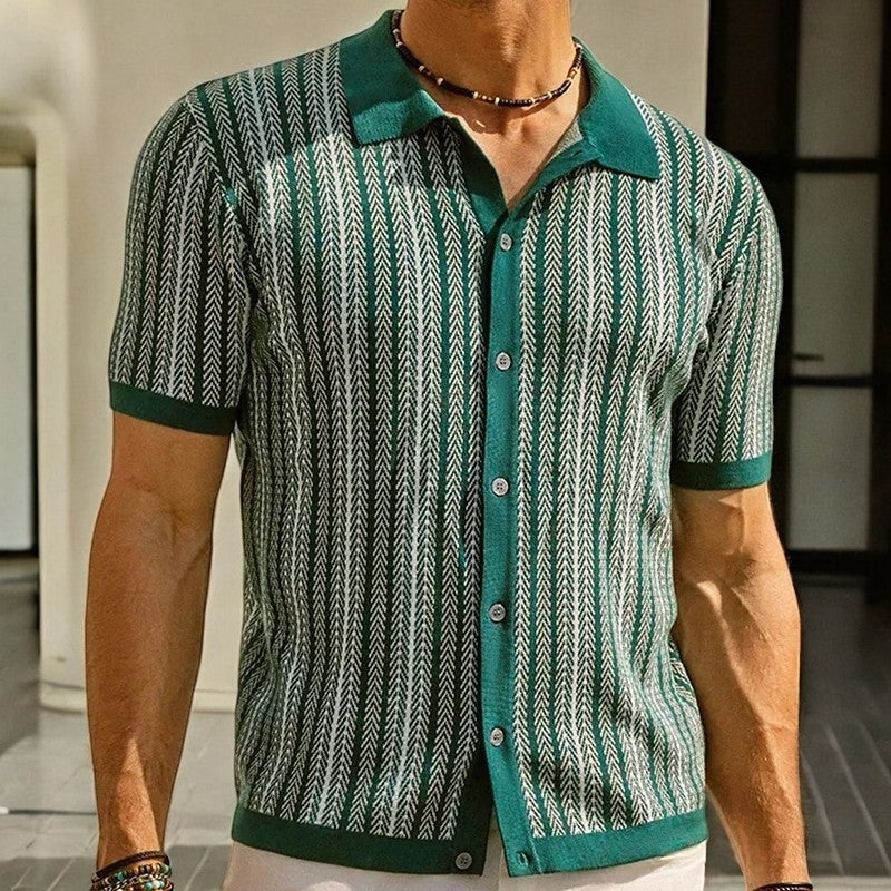 Striped Knit Polo Shirt - Green