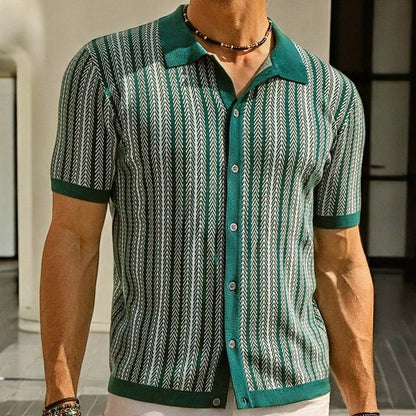 Striped Knit Polo Shirt - Green