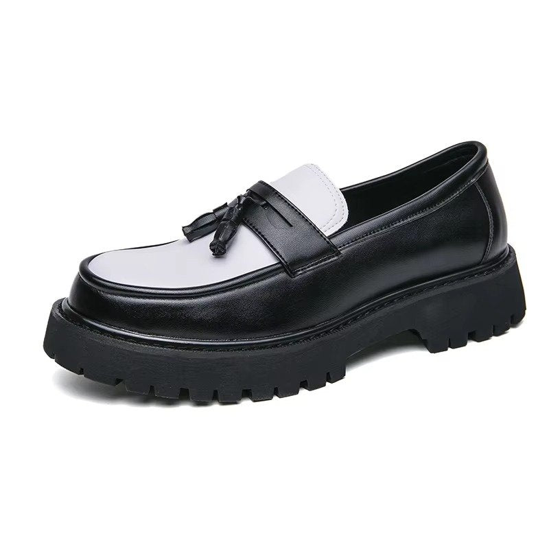 Men's Leather Platform Loafers - Black White - Tassel