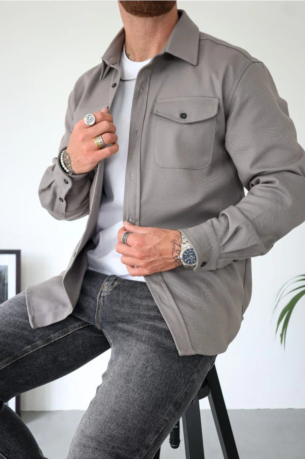 Men's Oversized Cotton Overshirt - Grey