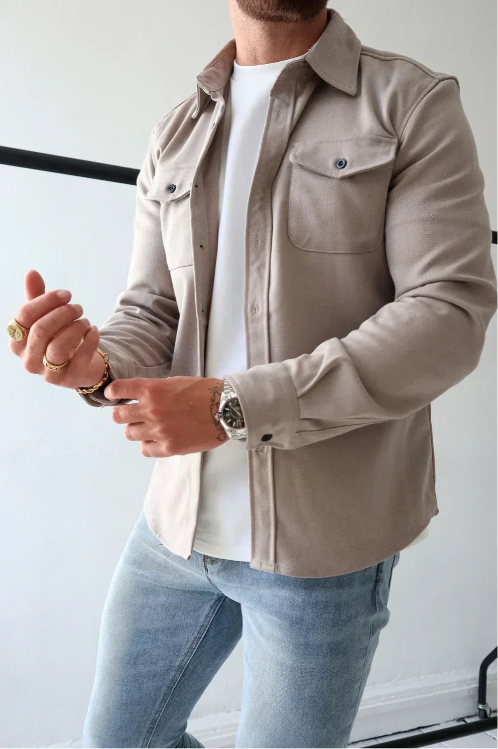Men's Oversized Cotton Overshirt - Stone