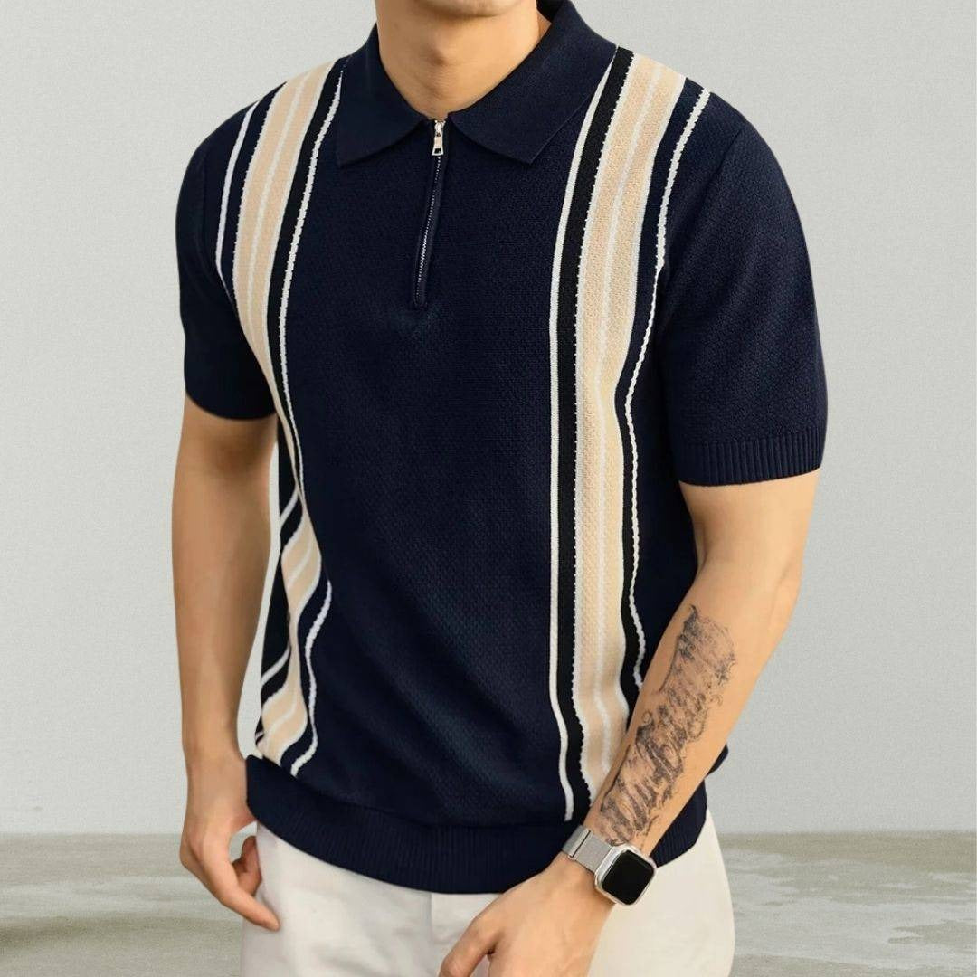 Striped Knit Polo Shirt - Navy