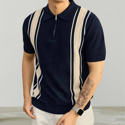 Striped Knit Polo Shirt - Navy