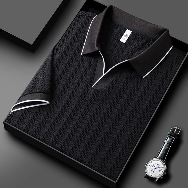 Striped Short Sleeve Polo Shirt - Black