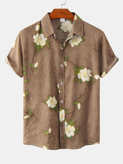 Floral Short Sleeve Hawaiian Shirt - Brown