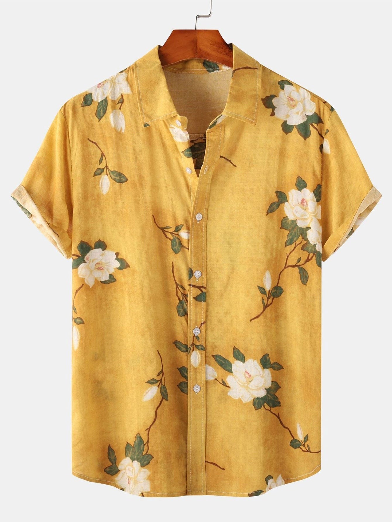 Floral Short Sleeve Hawaiian Shirt - Yellow