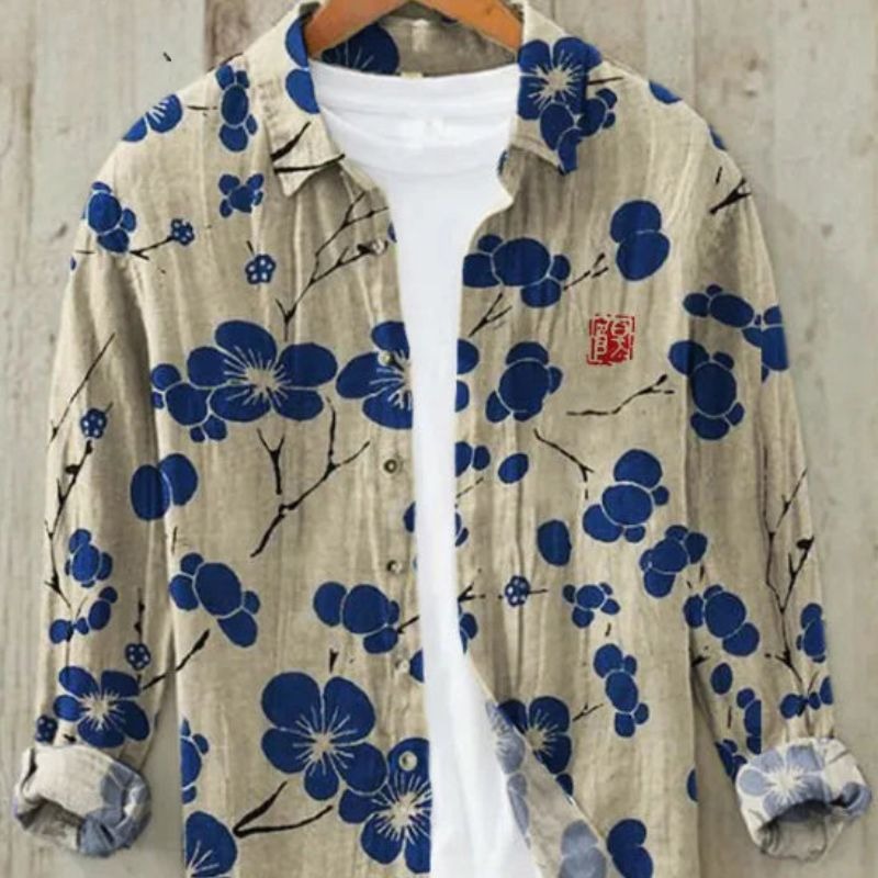 Japanese Wave Print Shirt - Blue Cherry Blossom