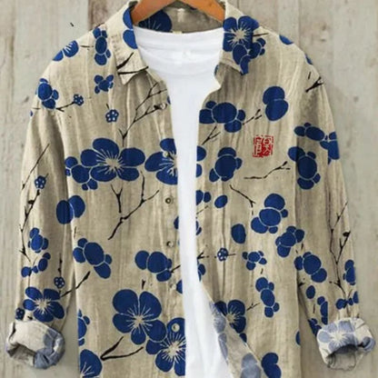 Japanese Wave Print Shirt - Blue Cherry Blossom