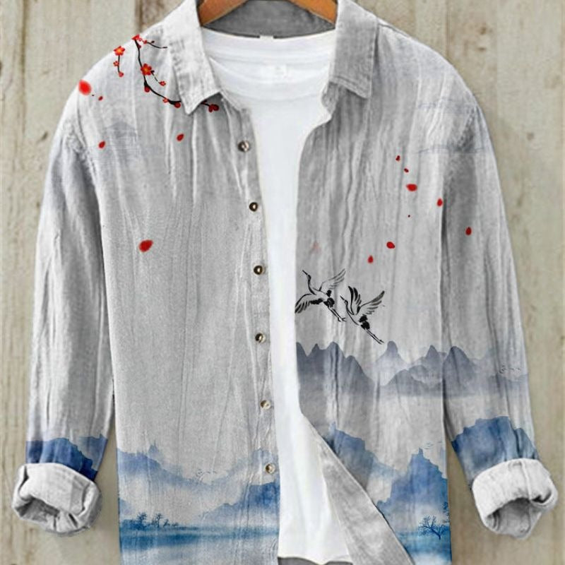 Japanese Wave Print Shirt - Flying Storks