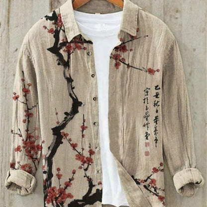 Japanese Wave Print Shirt - Red Cherry Blossom