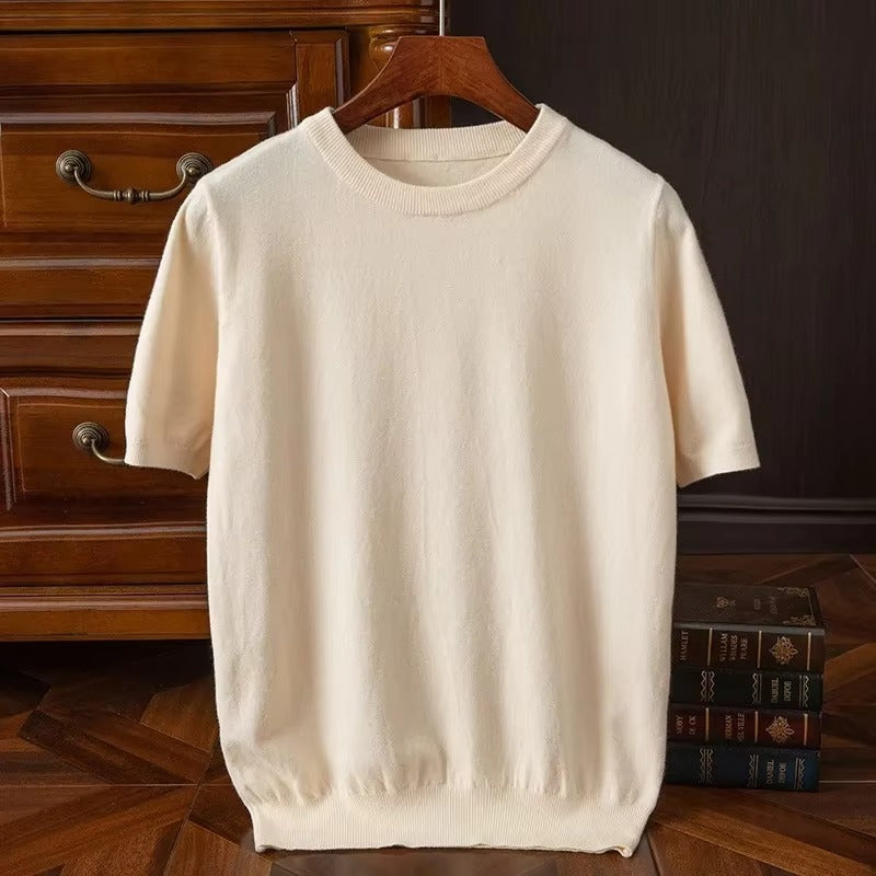 Short Sleeve Knit Sweater - Beige White