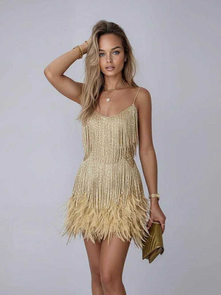 Women's Beaded Fringe Mini Dress - Gold