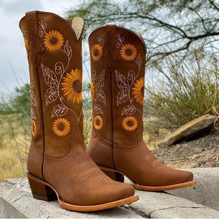 Knee High Cowboy Boots - Brown