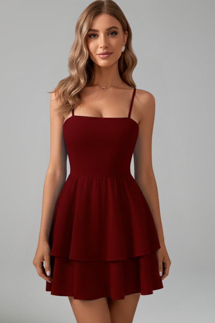 Women's Square Neck Mini Dress - Burgundy