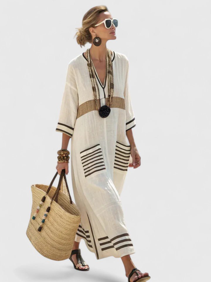 Women's Striped Kaftan Dress - Beige Orange