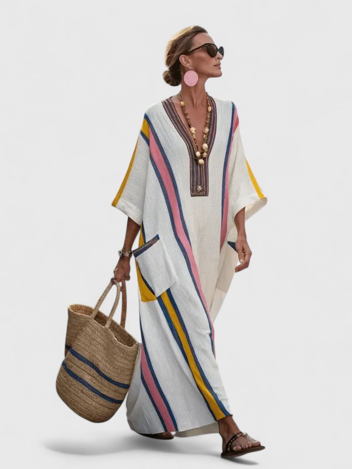 Women's Striped Kaftan Dress - White Pink