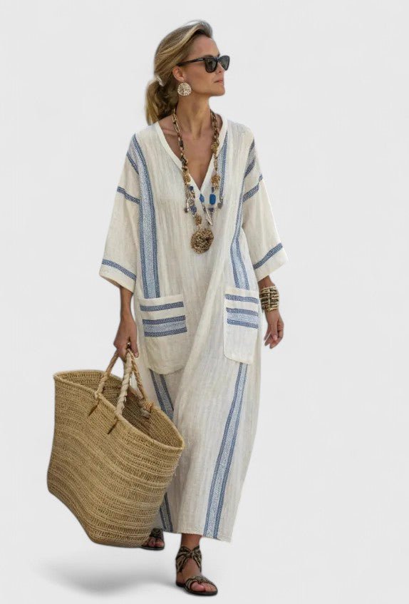 Women's Striped Kaftan Dress - Beige Light Blue