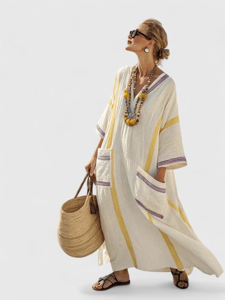 Women's Striped Kaftan Dress - Beige Yellow