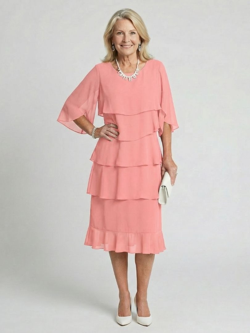 Formal Layered Midi Dress - Pink