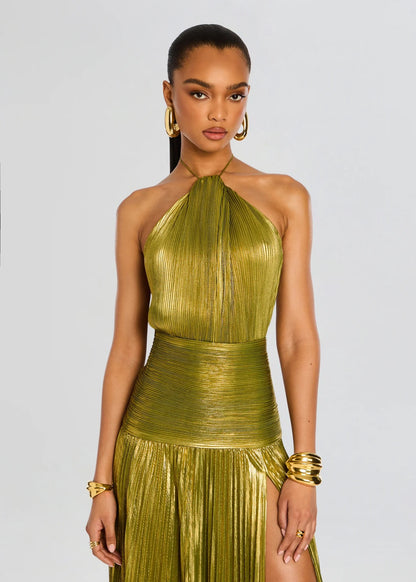 Pleated Halter Formal Maxi Dress
