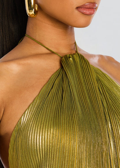 Pleated Halter Formal Maxi Dress