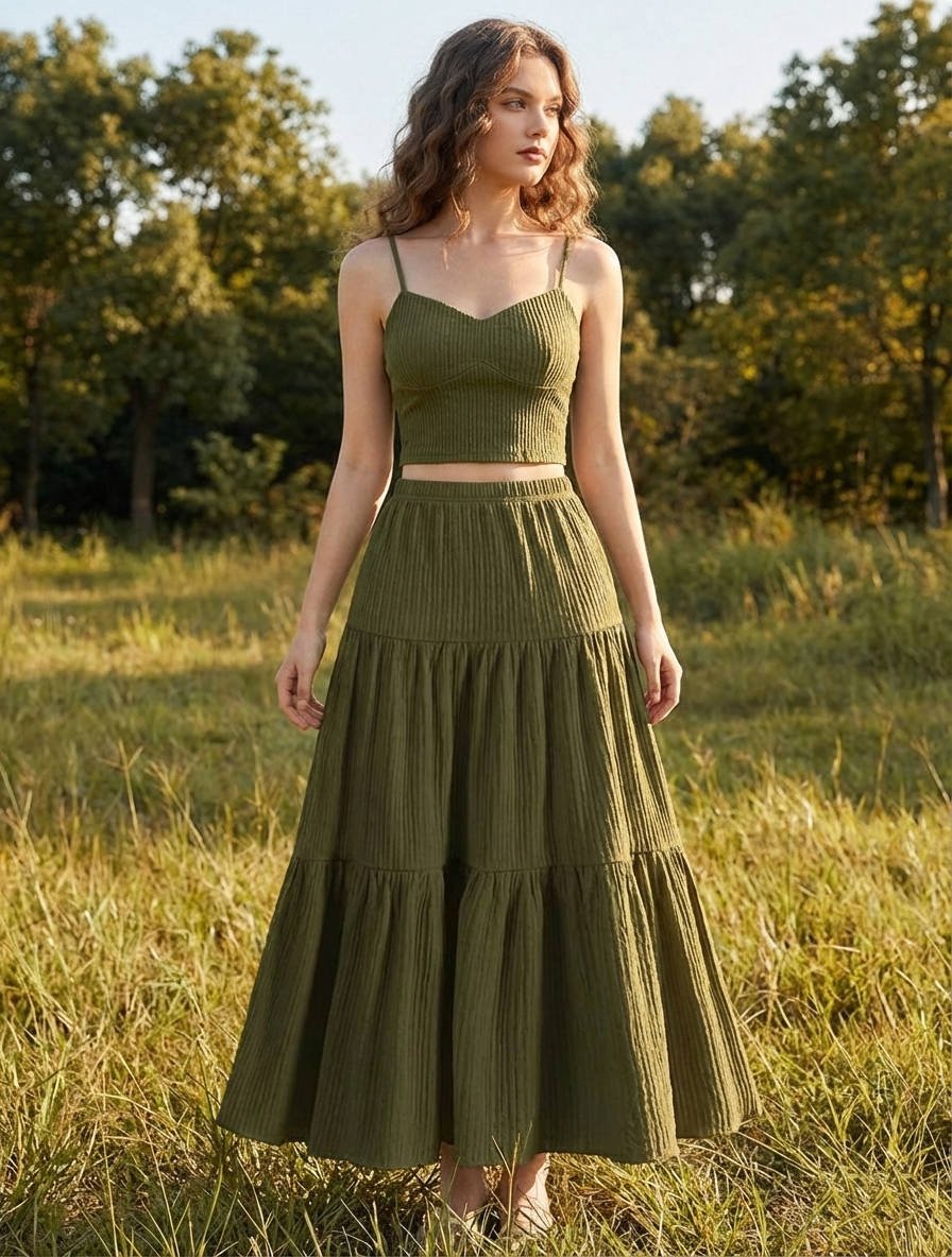 Women's Cropped Maxi Skirt Set - Army Green