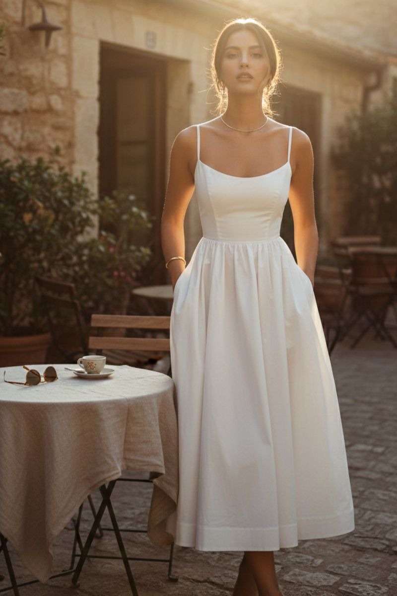 Square Neck Midi Dress - White