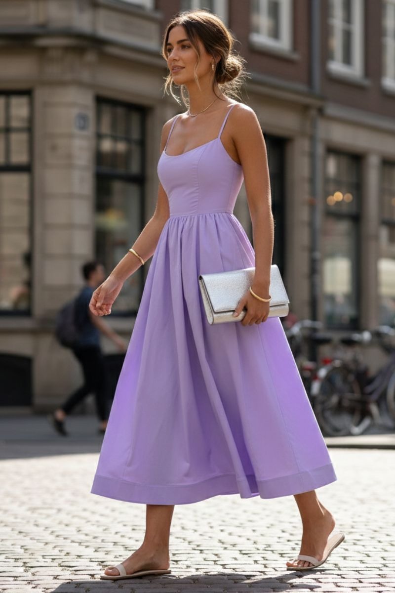 Square Neck Midi Dress - Purple