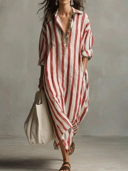 Striped Maxi Shirt Dress - Red