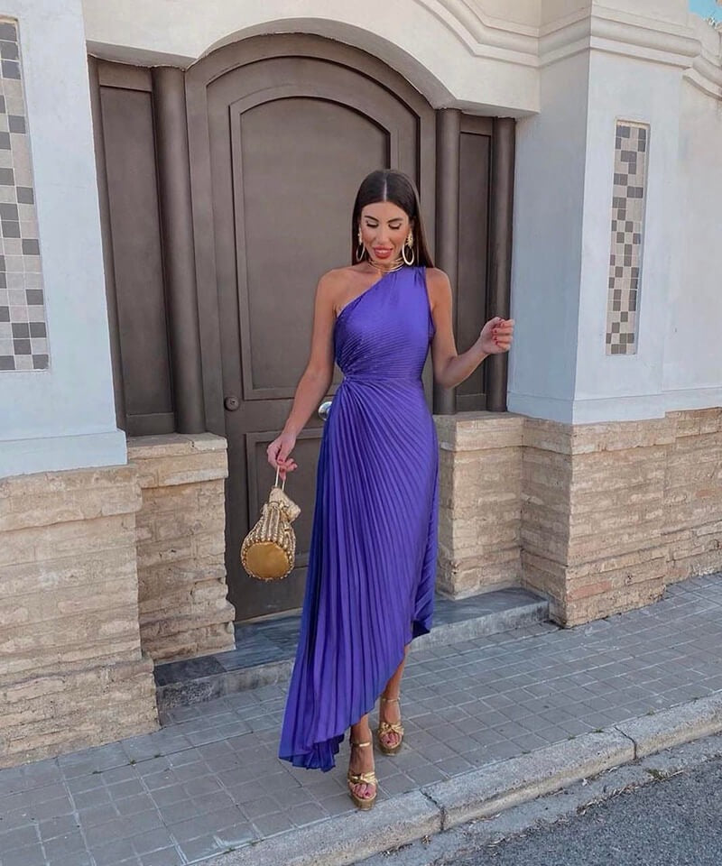Pleated One Shoulder Midi Dress - Purple
