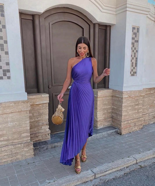 Pleated One Shoulder Midi Dress - Purple