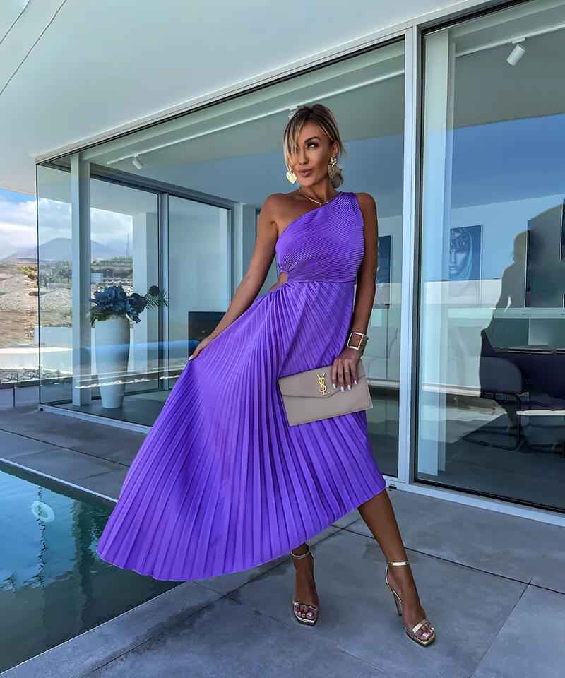 Pleated One Shoulder Midi Dress