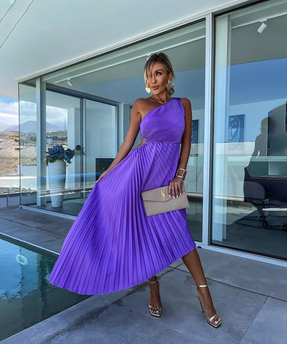 Pleated One Shoulder Midi Dress