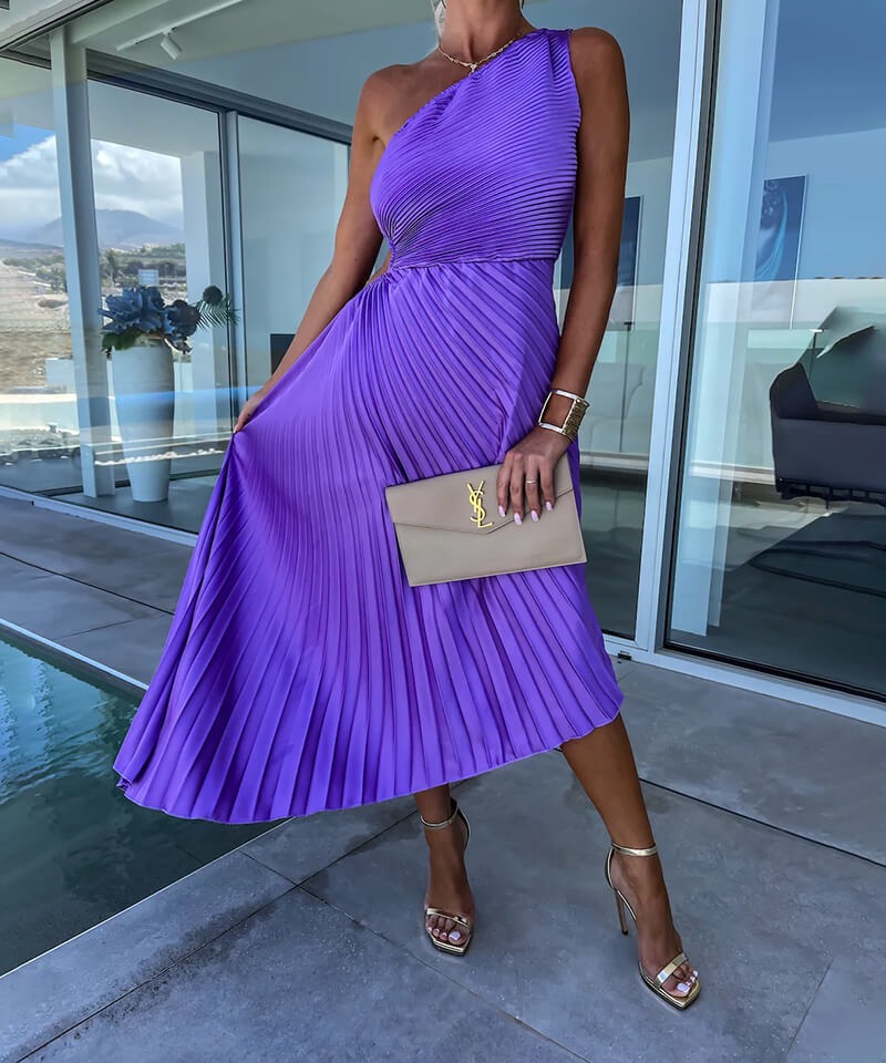 Pleated One Shoulder Midi Dress