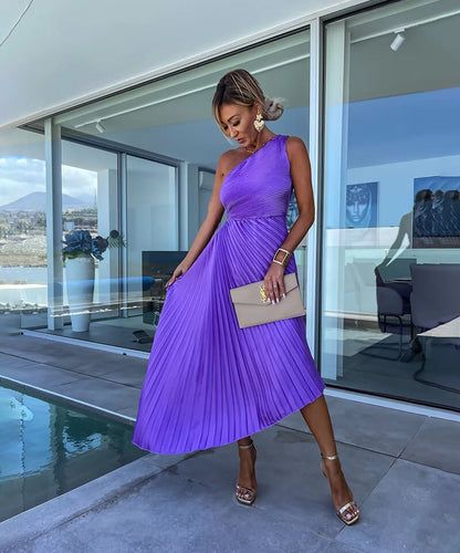 Pleated One Shoulder Midi Dress