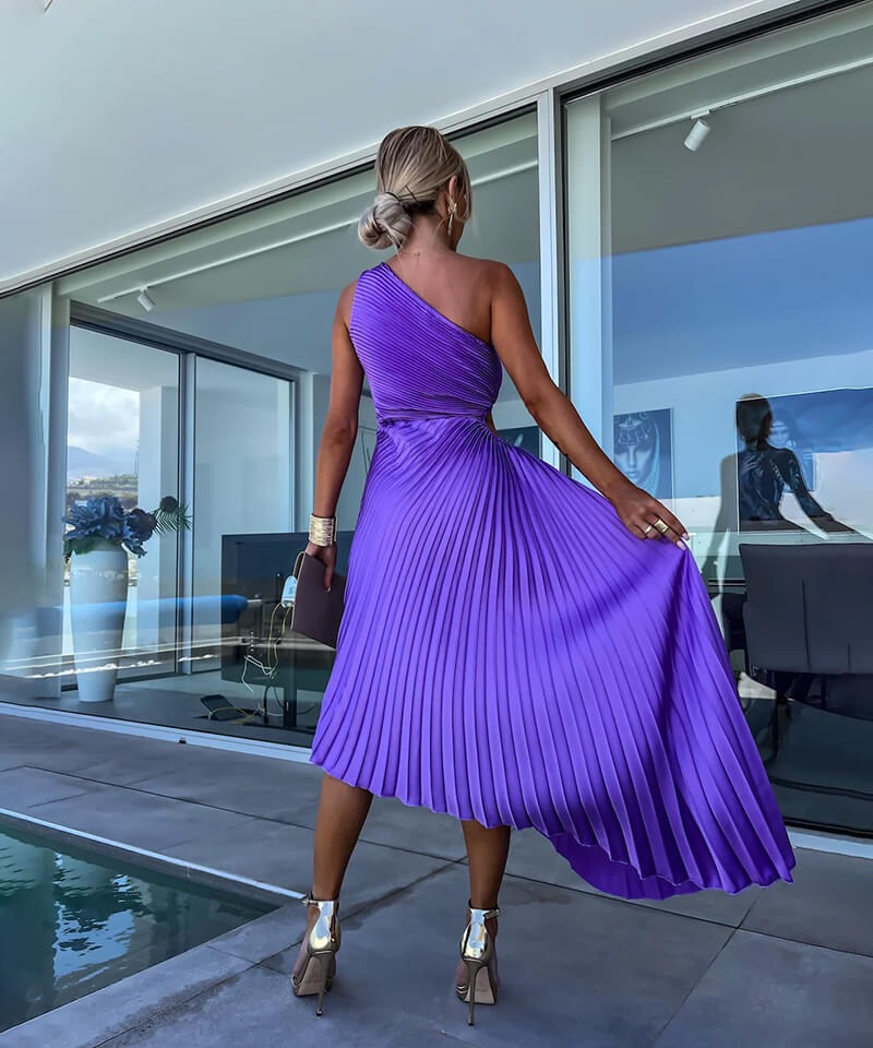 Pleated One Shoulder Midi Dress