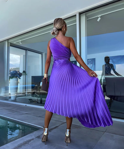Pleated One Shoulder Midi Dress