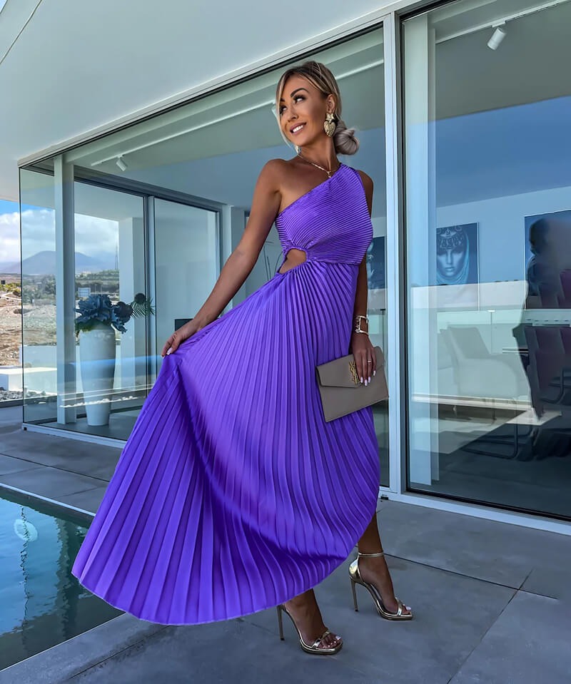 Pleated One Shoulder Midi Dress