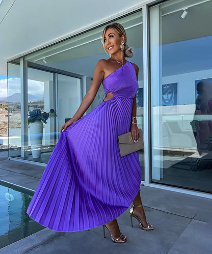 Pleated One Shoulder Midi Dress