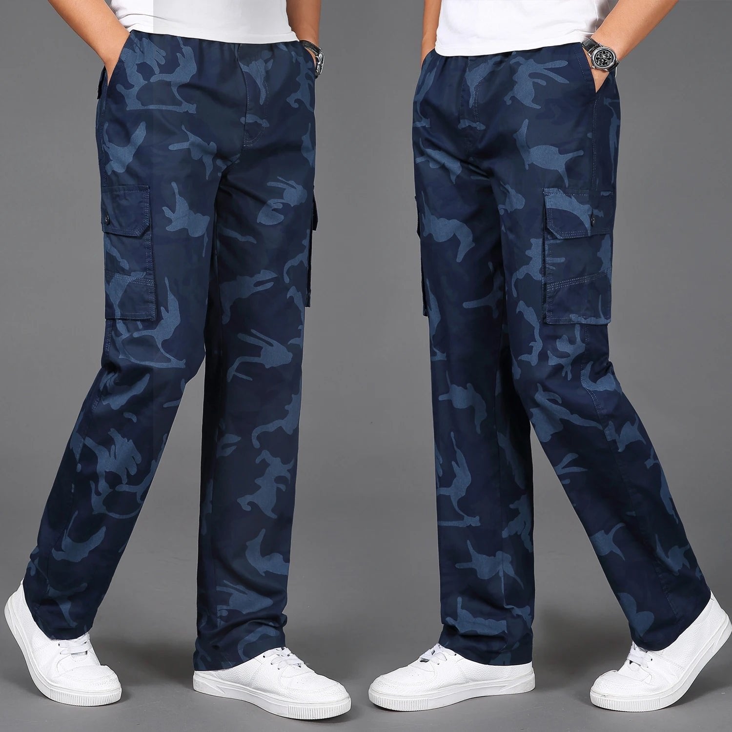 Men's Camo Cotton Cargo Pants - Navy Blue