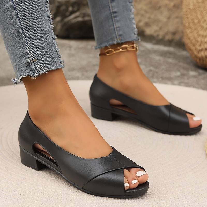 Women's Faux Leather Peep-Toe Sandals - Black