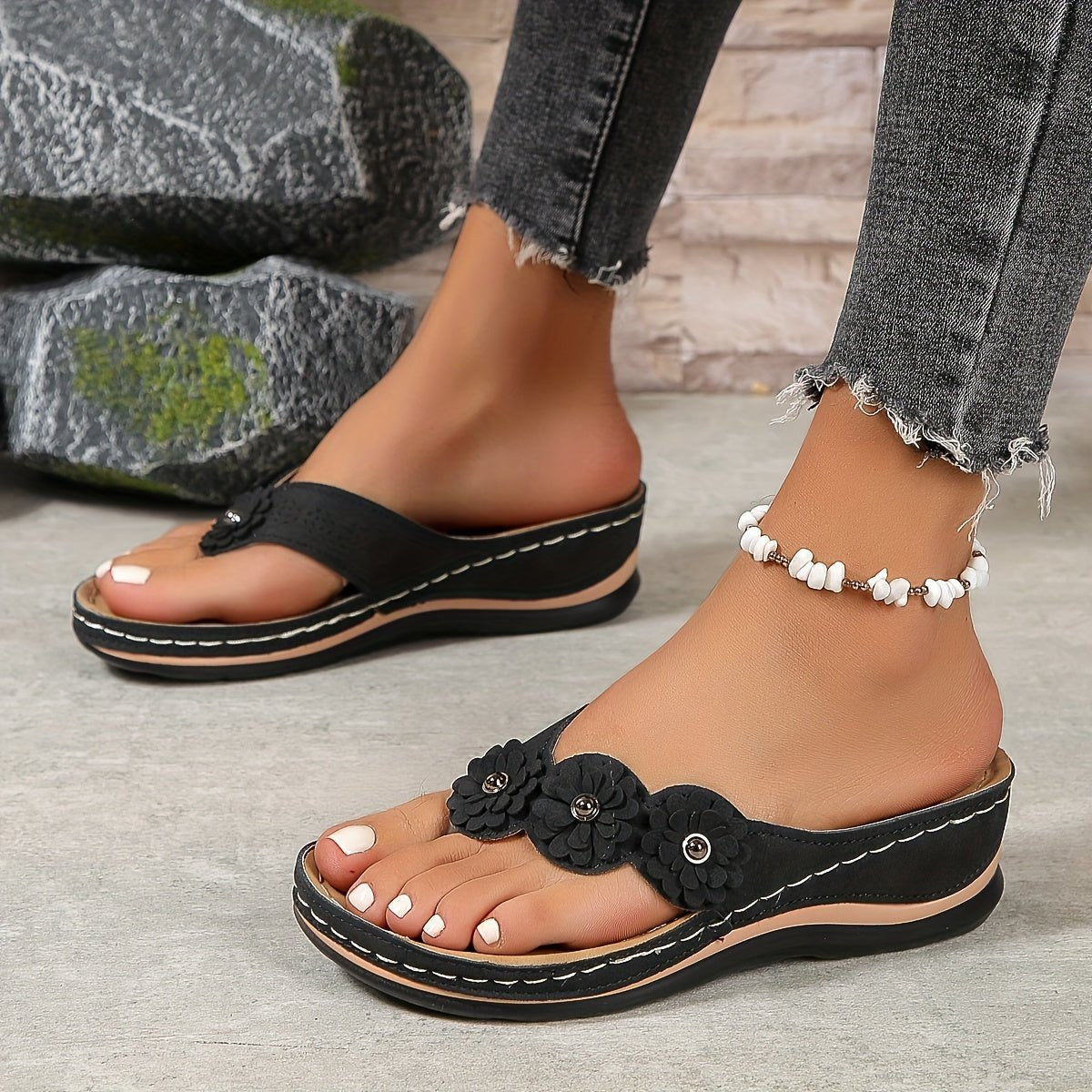 Women's Floral Toe-Post Wedge Sandals