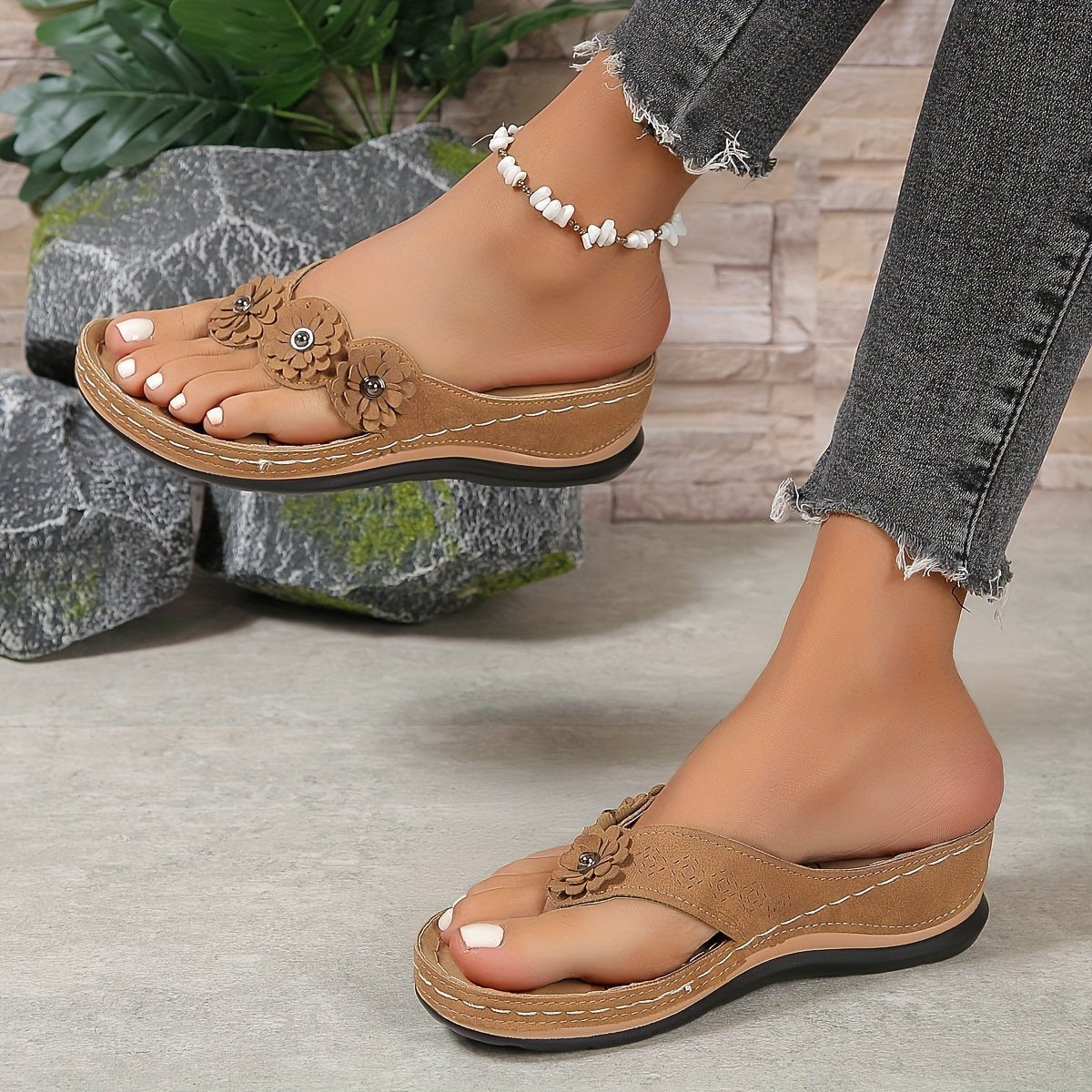 Women's Floral Toe-Post Wedge Sandals
