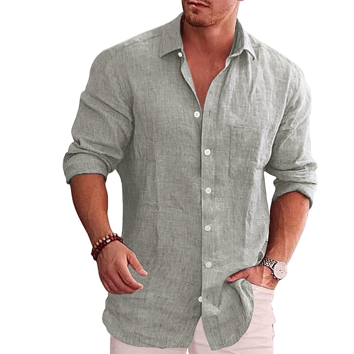 Men's Heathered Linen Slim-Fit Shirt - Light Grey