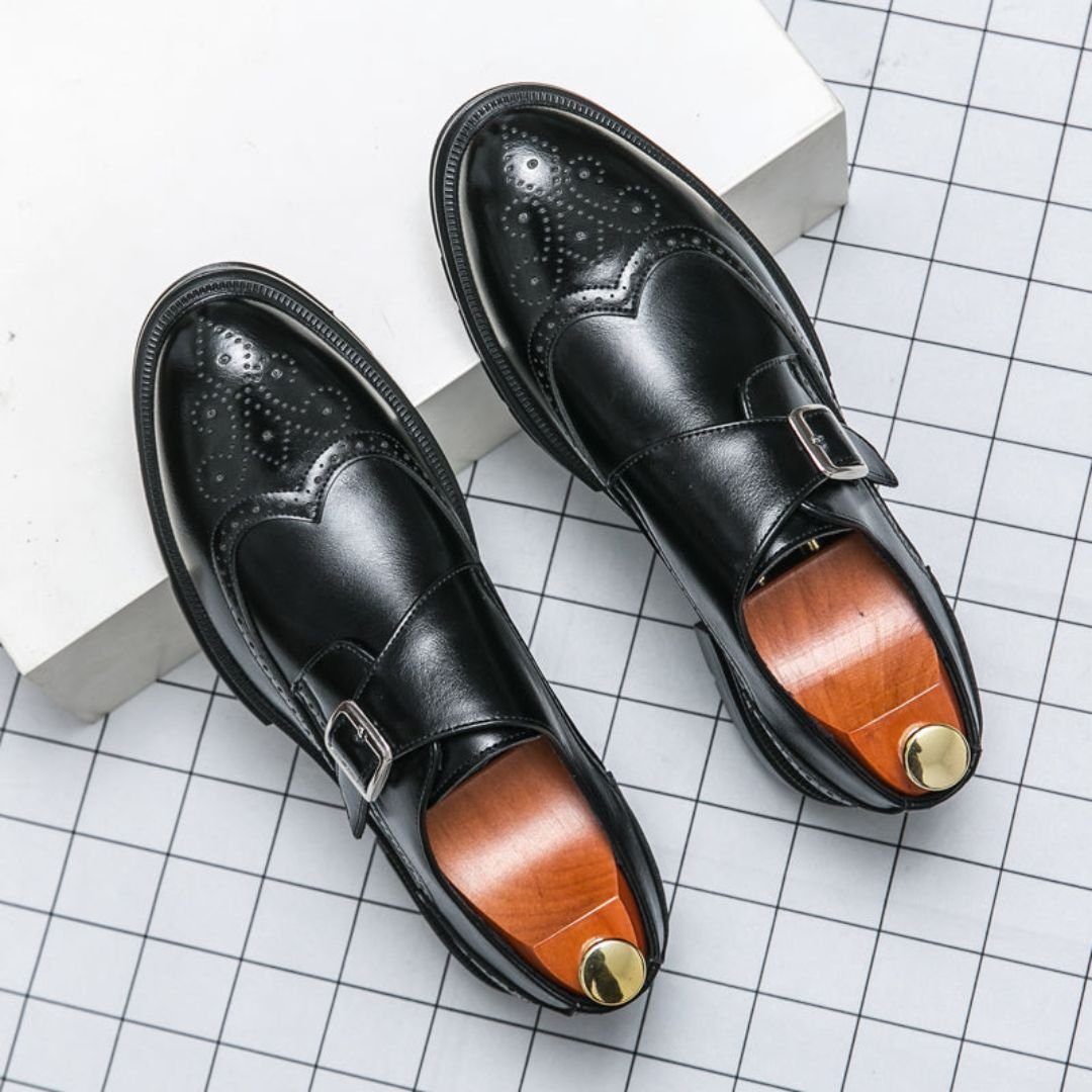 Men's Leather Monk Strap Brogue Shoes - Black