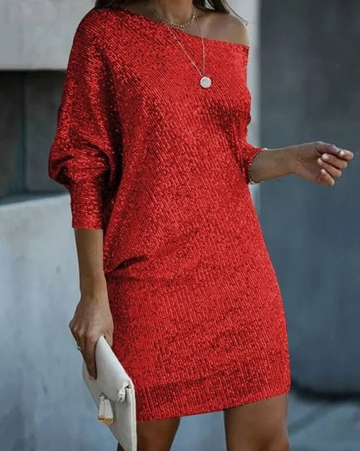 Off Shoulder Sequin Mini Dress - Red