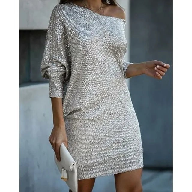 Off Shoulder Sequin Mini Dress - Silver