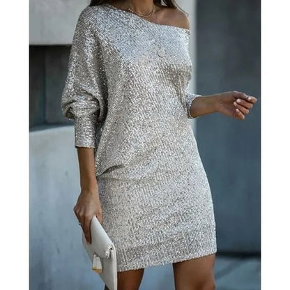 Off Shoulder Sequin Mini Dress - Silver