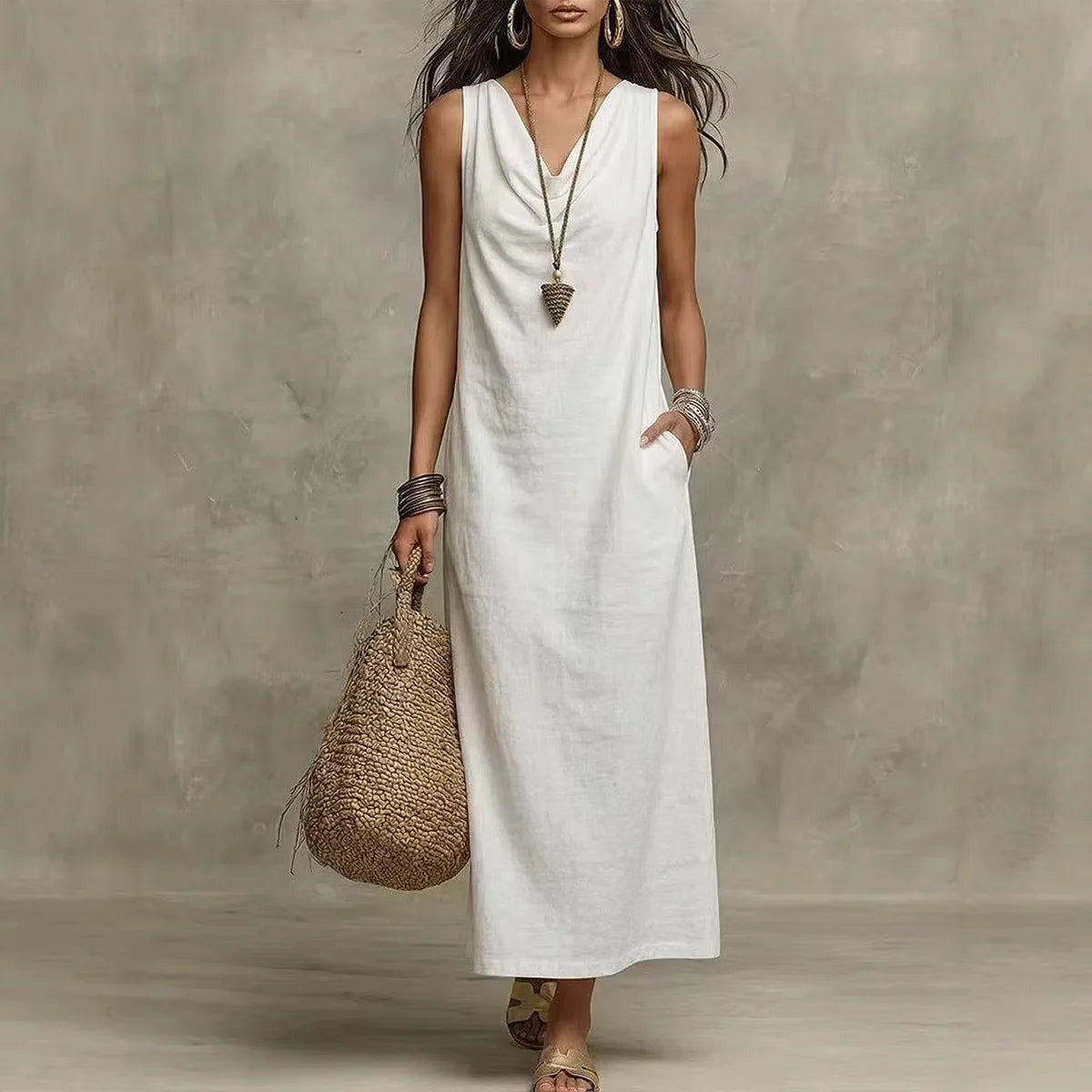 Sleeveless Cowl Neck Maxi Dress - White